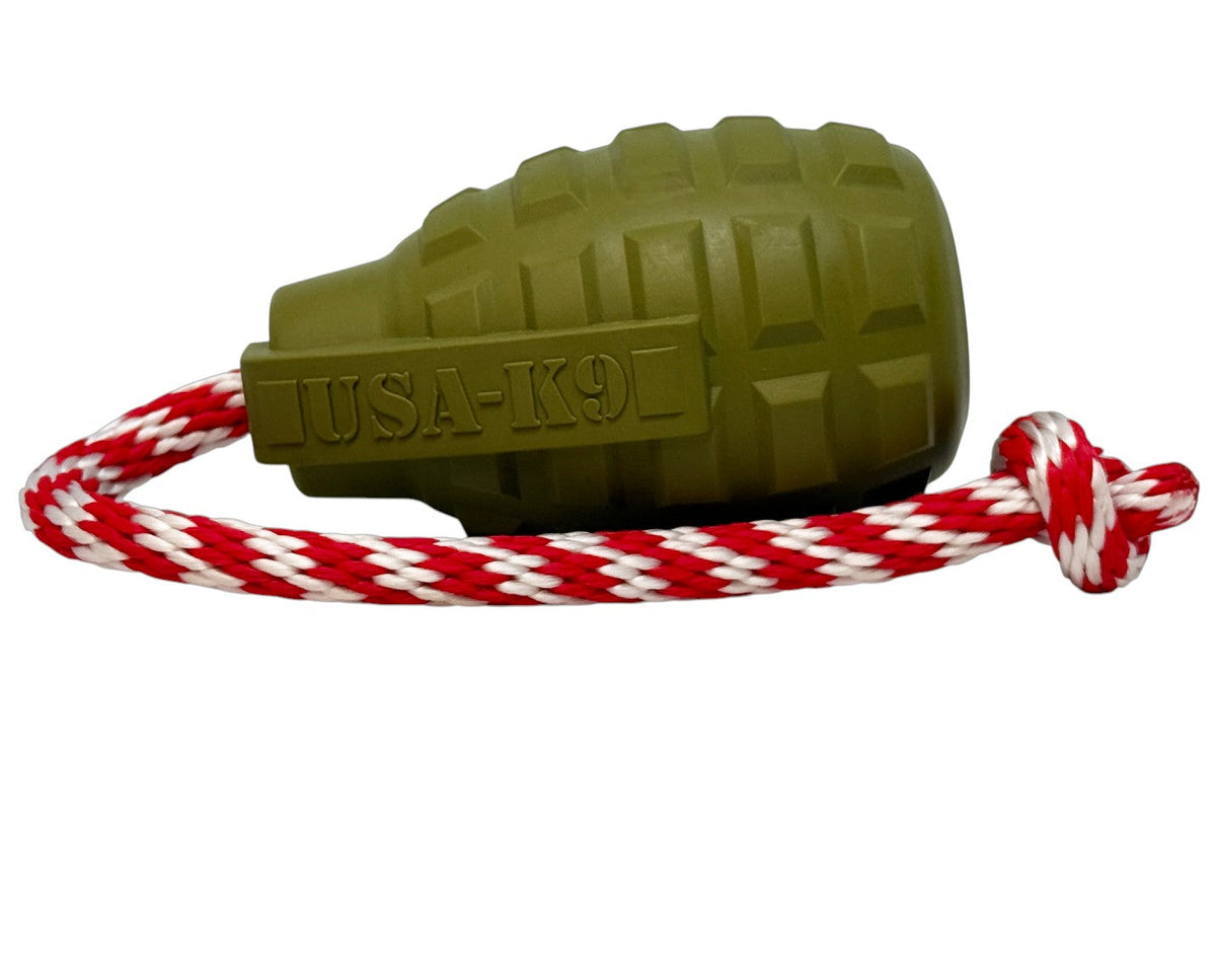 USA-K9 Grenade Shaped Rubber Dog Toy - Chew, Treat Dispenser & Tug Toy | USA - Army Green